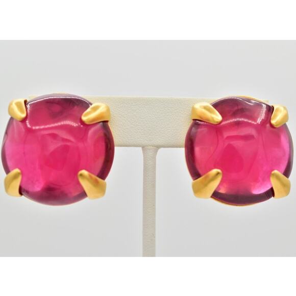 Givenchy Vintage Clip On Earrings Hot Pink Brushed Gold Chunky Signed 1980s Bin4 - Picture 1 of 12